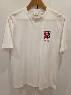 Burberry White Short Sleeve Logo Tee with Red & Black Emblem